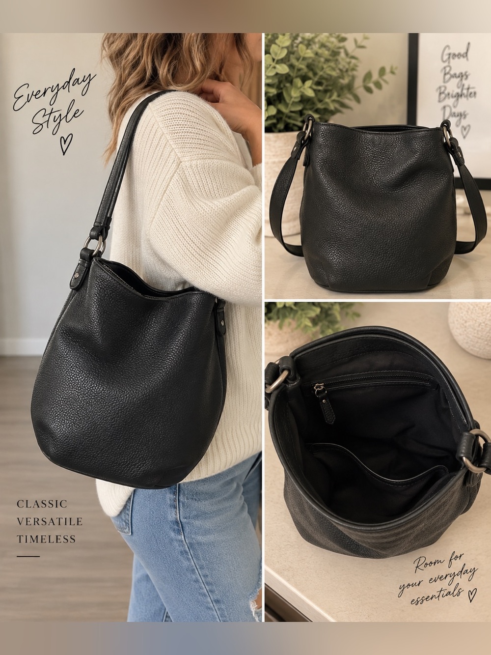 Black Genuine Leather Hobo Shoulder Crossbody Bag